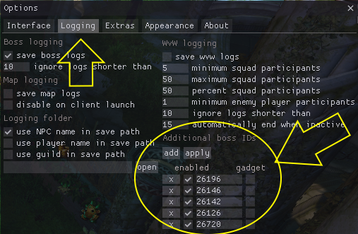 Logging location in ArcDPS options